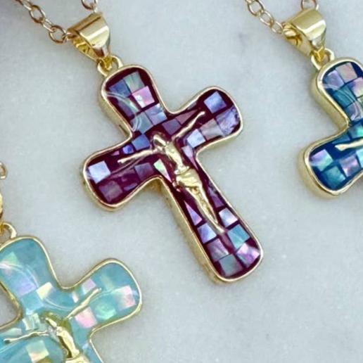 Gold Crucifix on Mosaic Abalone Cross 3 Colors
