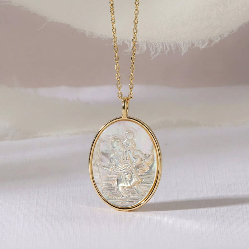 Load image into Gallery viewer, Saint Christopher Etched Shell Oval Pendant Necklace
