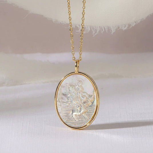 Saint Christopher Etched Shell Oval Pendant Necklace