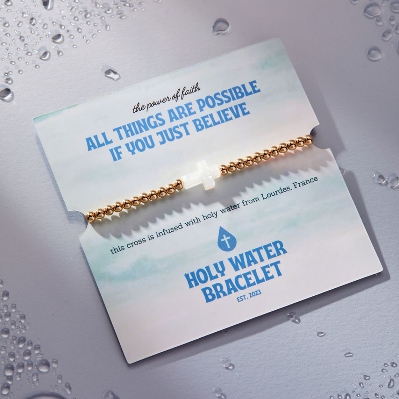 Load image into Gallery viewer, Holy Water Bracelet: White Cross on Gold Beads
