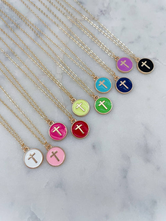 Child's Cross on Enamel Pendant in 7 Colors