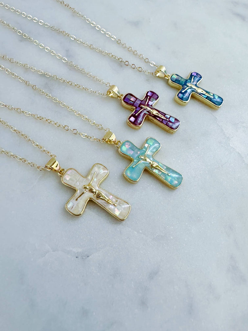 Load image into Gallery viewer, Gold Crucifix on Mosaic Abalone Cross 3 Colors
