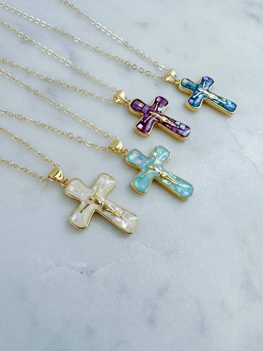 Gold Crucifix on Mosaic Abalone Cross 3 Colors