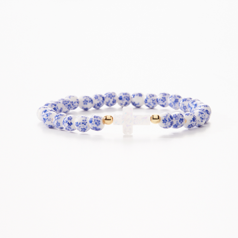 Load image into Gallery viewer, Holy Water Bracelet: White Cross on Blue Porcelain Beads
