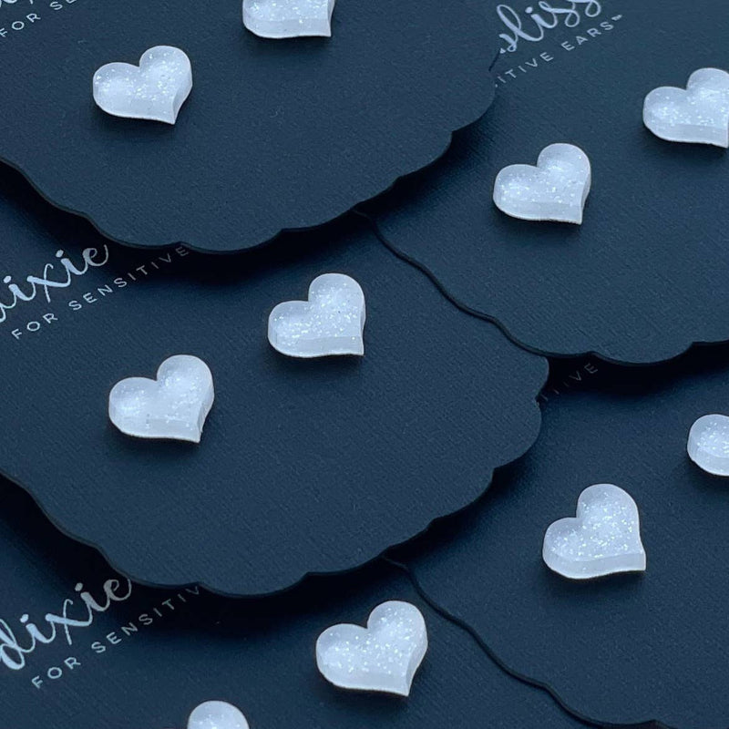 Load image into Gallery viewer, White Shimmer Hearts Earrings
