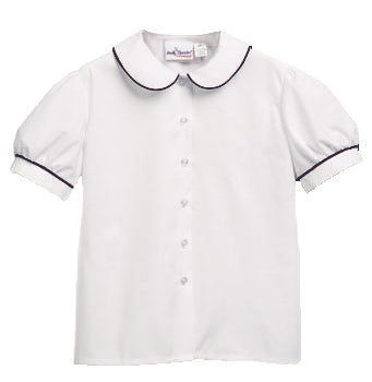 Puffed Sleeve Peter Pan Blouse White w/ Navy Piping