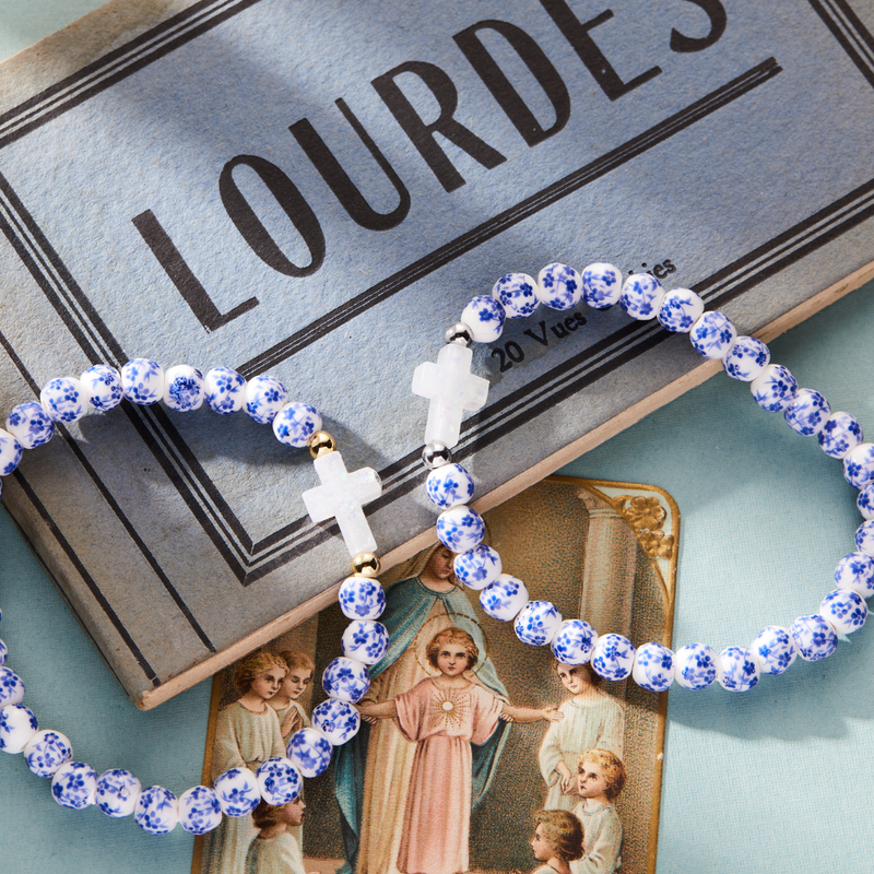 Load image into Gallery viewer, Holy Water Bracelet: White Cross on Blue Porcelain Beads
