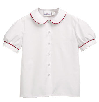 Puffed Sleeve Peter Pan Blouse White w/Red Piping