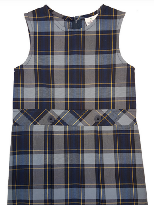 Plaid dress with a pattern of navy and golden yellow on a gray background