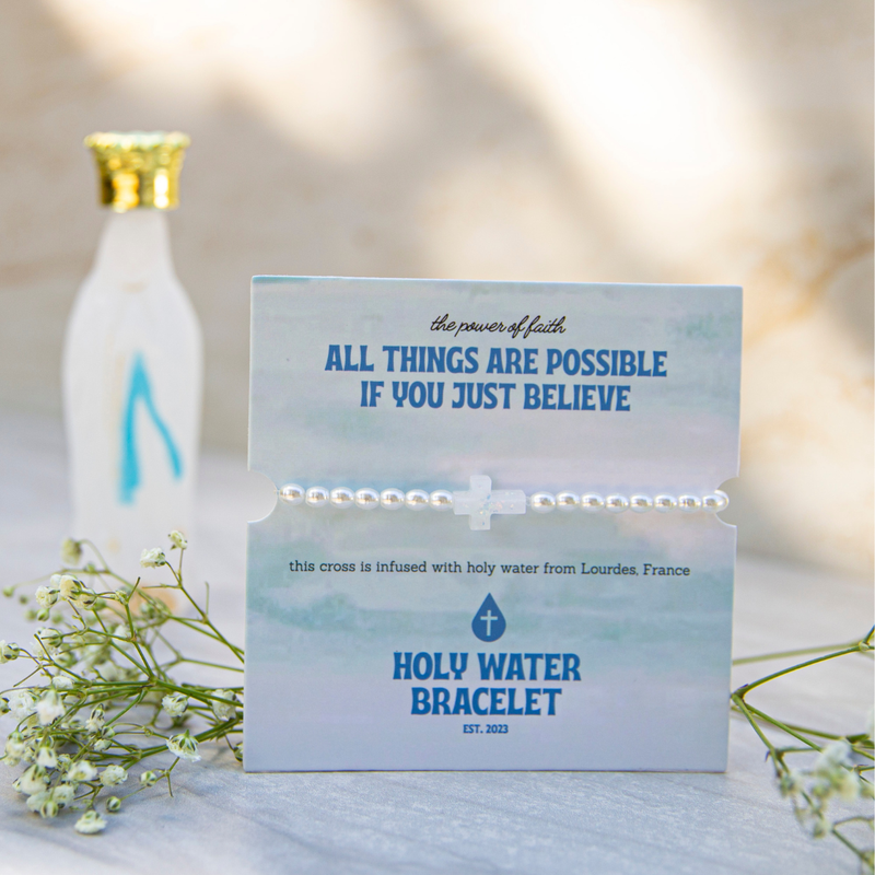 Load image into Gallery viewer, Holy Water Bracelet: White Cross on Gold Beads
