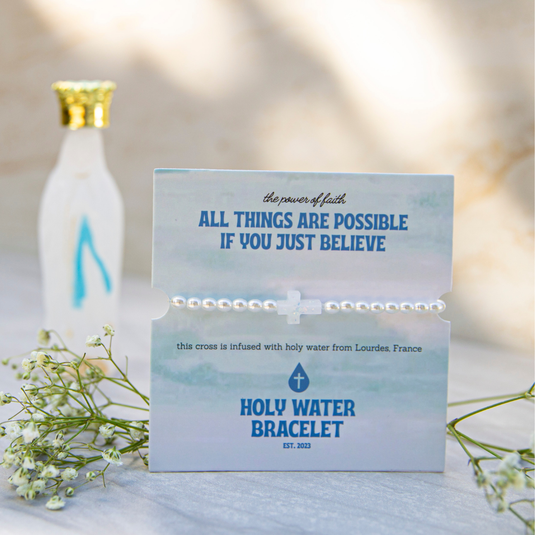 Holy Water Bracelet: White Cross on Gold Beads