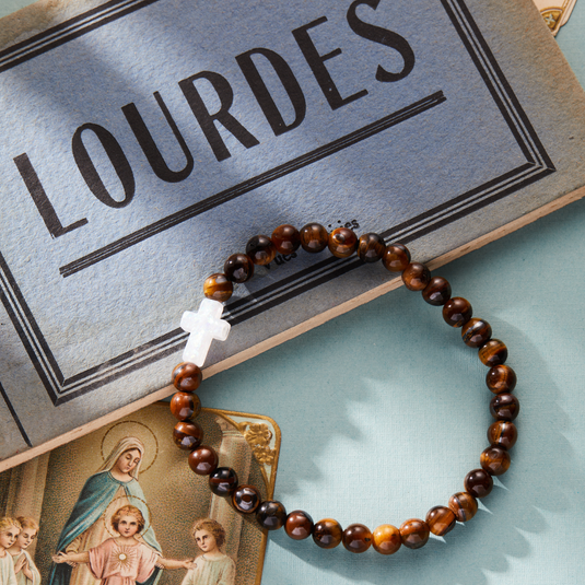 Holy Water Bracelet: White Cross on Tiger Eye Beads