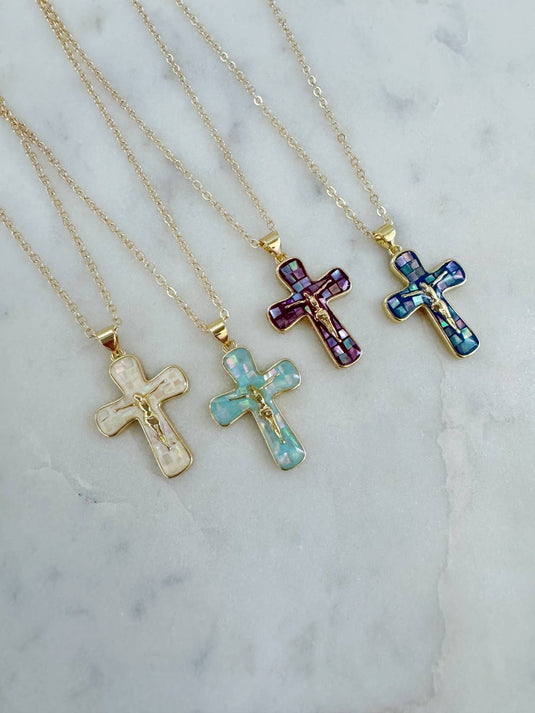 Gold Crucifix on Mosaic Abalone Cross 3 Colors