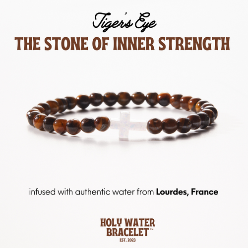Holy Water Bracelet: White Cross on Tiger Eye Beads