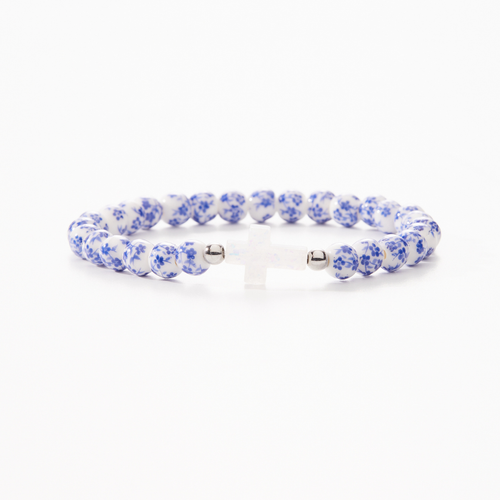 Holy Water Bracelet: White Cross on Blue Porcelain Beads