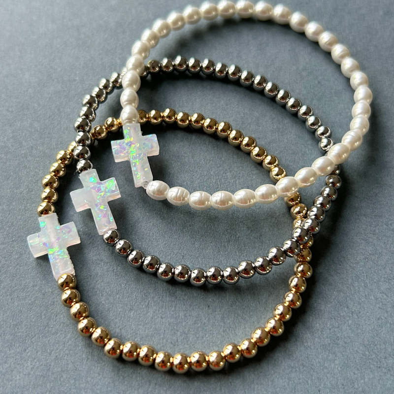Load image into Gallery viewer, Holy Water Bracelet: White Cross on Gold Beads
